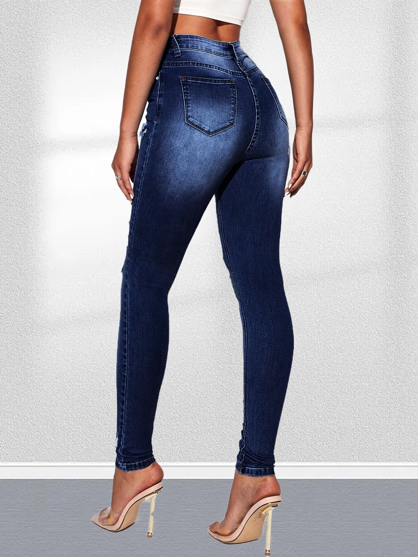 High Rise Ripped Leg Skinny Jeans Water Ripple Embossed Denim Pants
