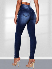 High Rise Ripped Leg Skinny Jeans Water Ripple Embossed Denim Pants