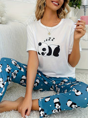 Panda Print Pajama Set Short Sleeve Crew Neck Top & Pants Women's Sleepwear