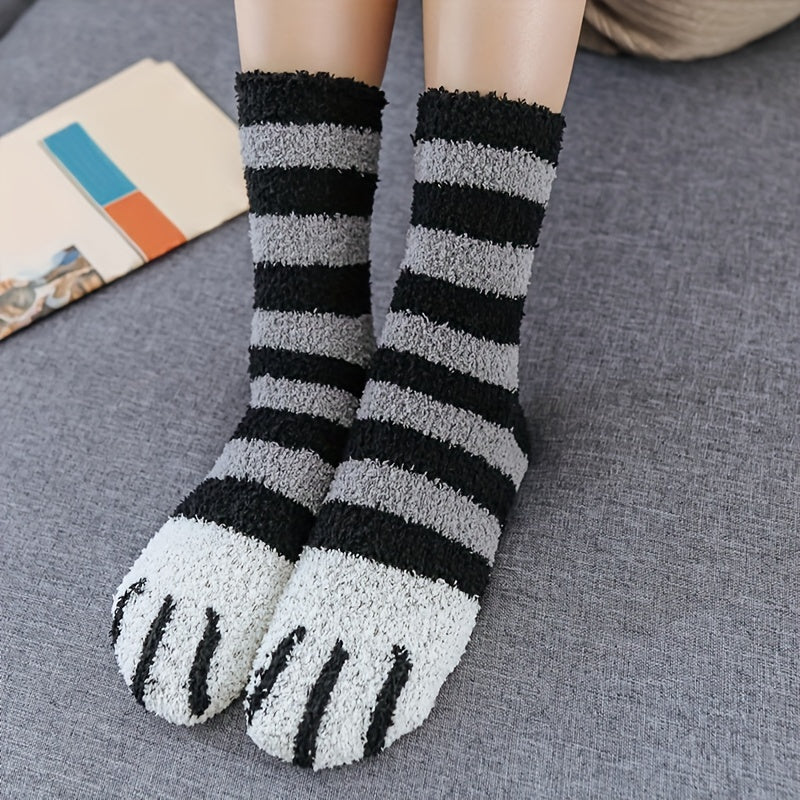 6 Pairs Cat Claw Print Socks Comfy & Warm Fuzzy Mid Tube Socks