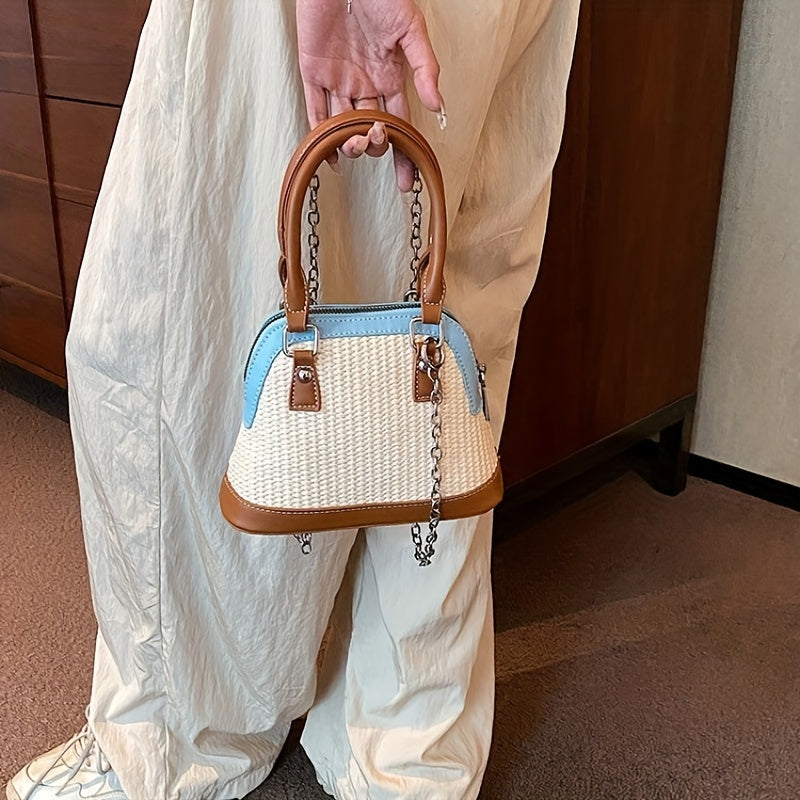 Colorblock Straw Satchel Bag Zipper Shoulder Chain Handbag