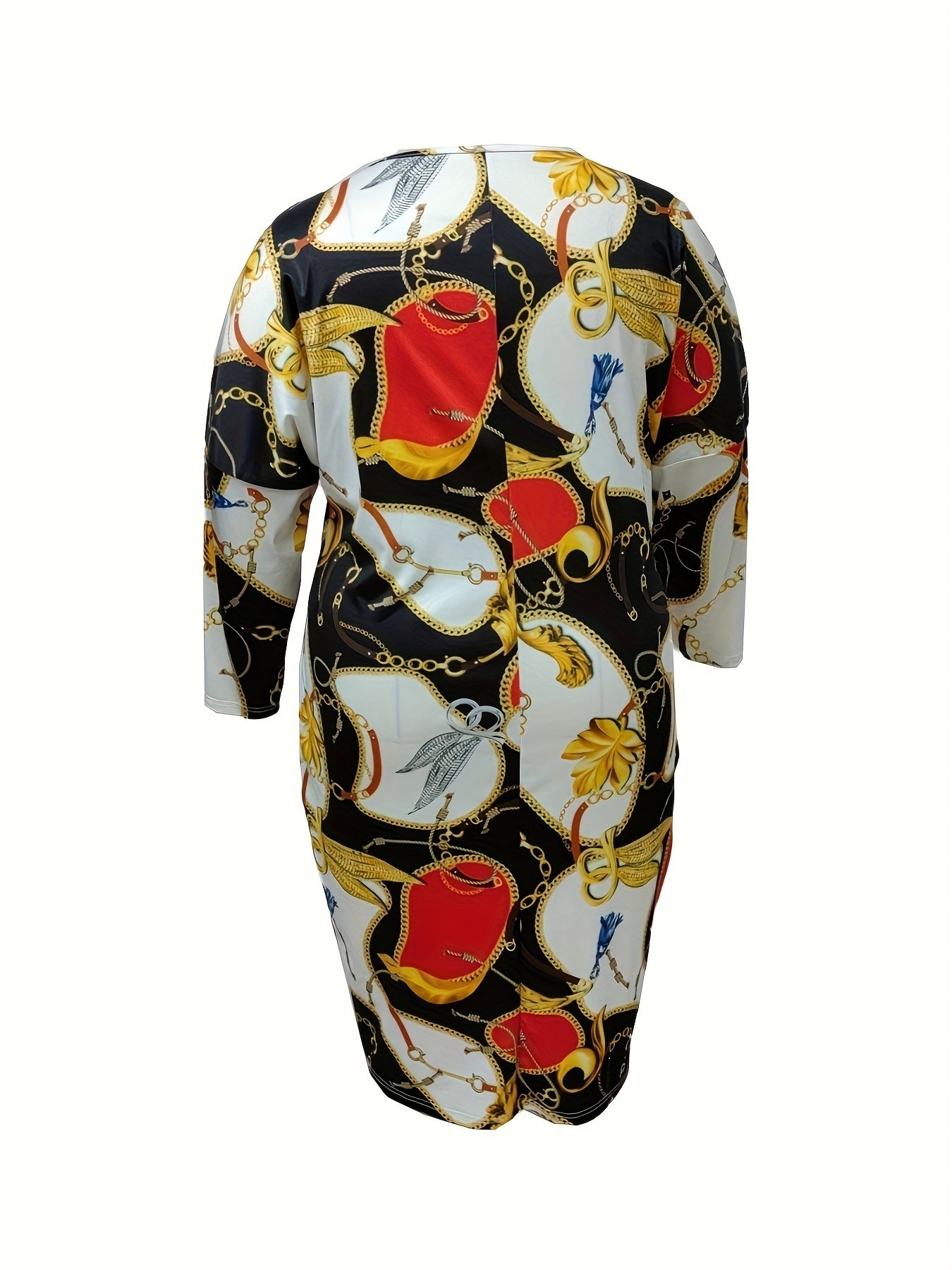 Plus Colorblock Chain Print V Neck Dress With Pockets