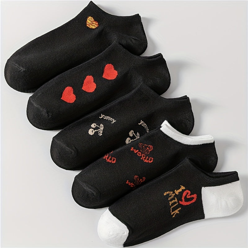 5 Pairs Heart & Letter Print Low Cut Ankle Socks Women's Stockings