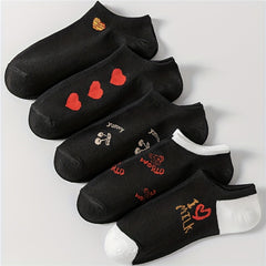 5 Pairs Heart & Letter Print Low Cut Ankle Socks Women's Stockings