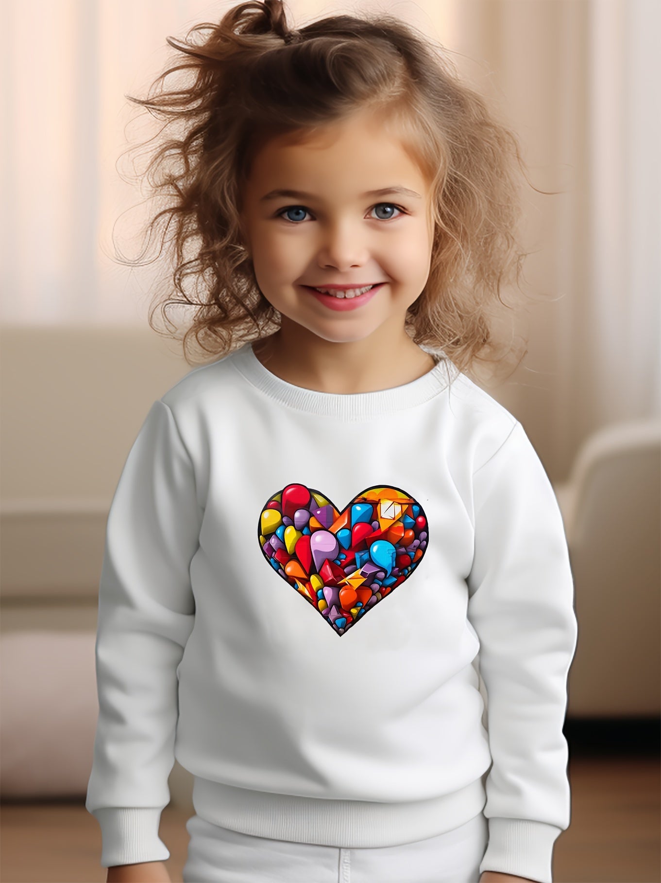 Girls Heart Pattern Crew Neck Sweatshirt For Spring Fall