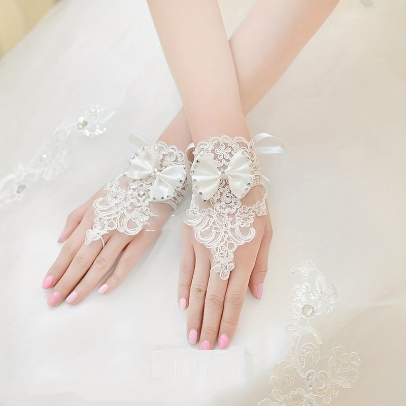 Bow Decor Embroidery Lace Short Gloves Wedding Bridal Fingerless Gloves