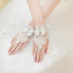 Bow Decor Embroidery Lace Short Gloves Wedding Bridal Fingerless Gloves