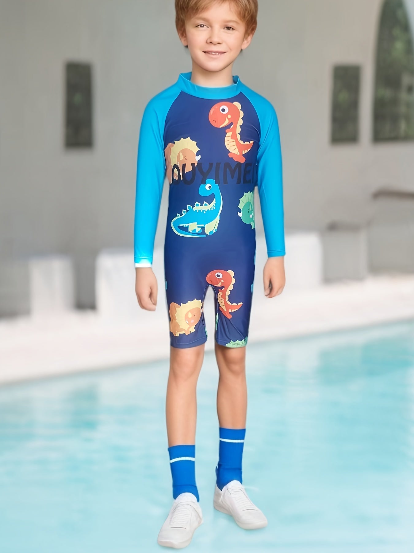 Colorful Dinosaur One piece Swimsuit For Boys Long sleeve Surfing Suit