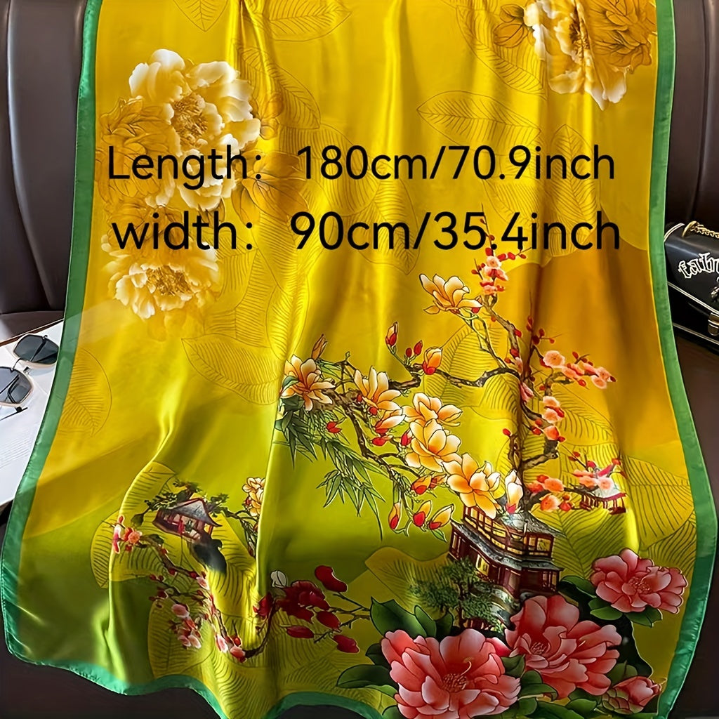 Vintage Flower Print Scarf Silk Shawl Satin Head Wrap Women Hijab