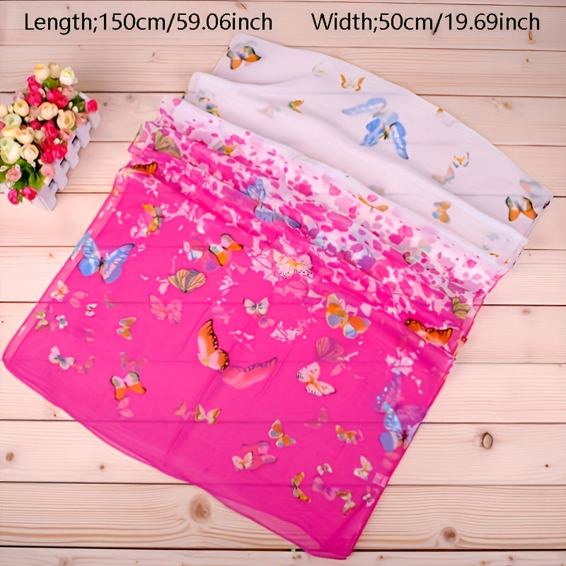 Colorful Butterfly Print Long Chiffon Silk Scarf for Women