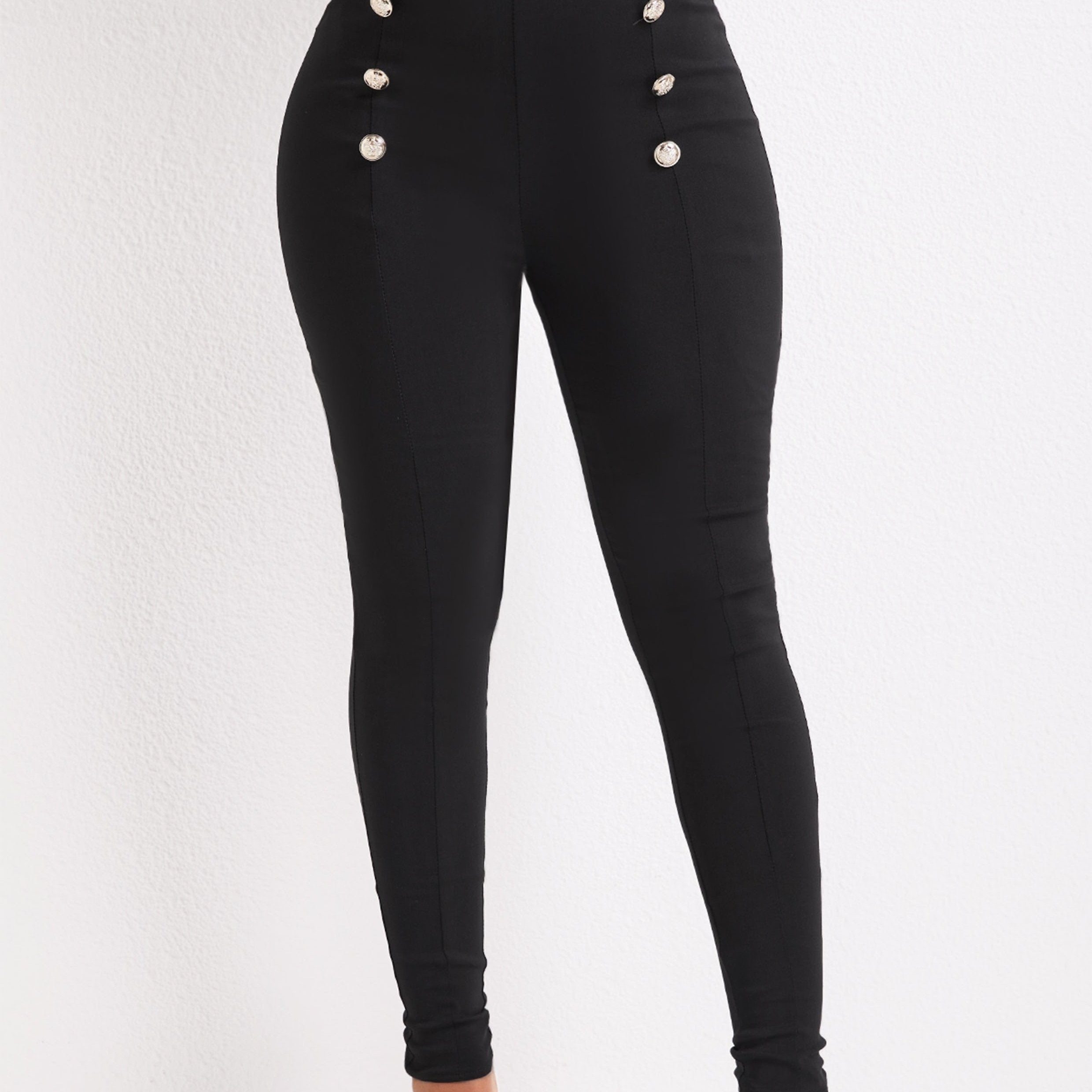 Solid Button Decor Pants High Waist Pants