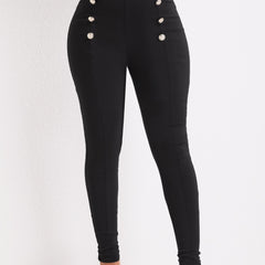 Solid Button Decor Pants High Waist Pants