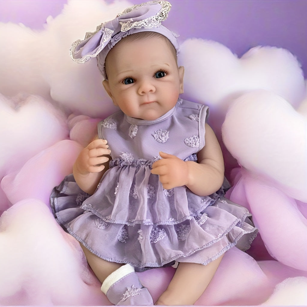 Realistic Vinyl Girl Doll with Purple Dress for Kids 3-6 Years