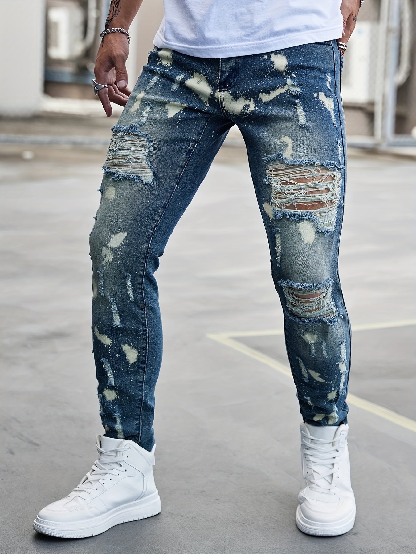 Slim Fit Ripped Jeans Men's Casual Street Style Denim Pants