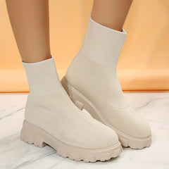 Solid Mid Calf Boots Round Toe Knitted Slip on Boots Women's Footwear