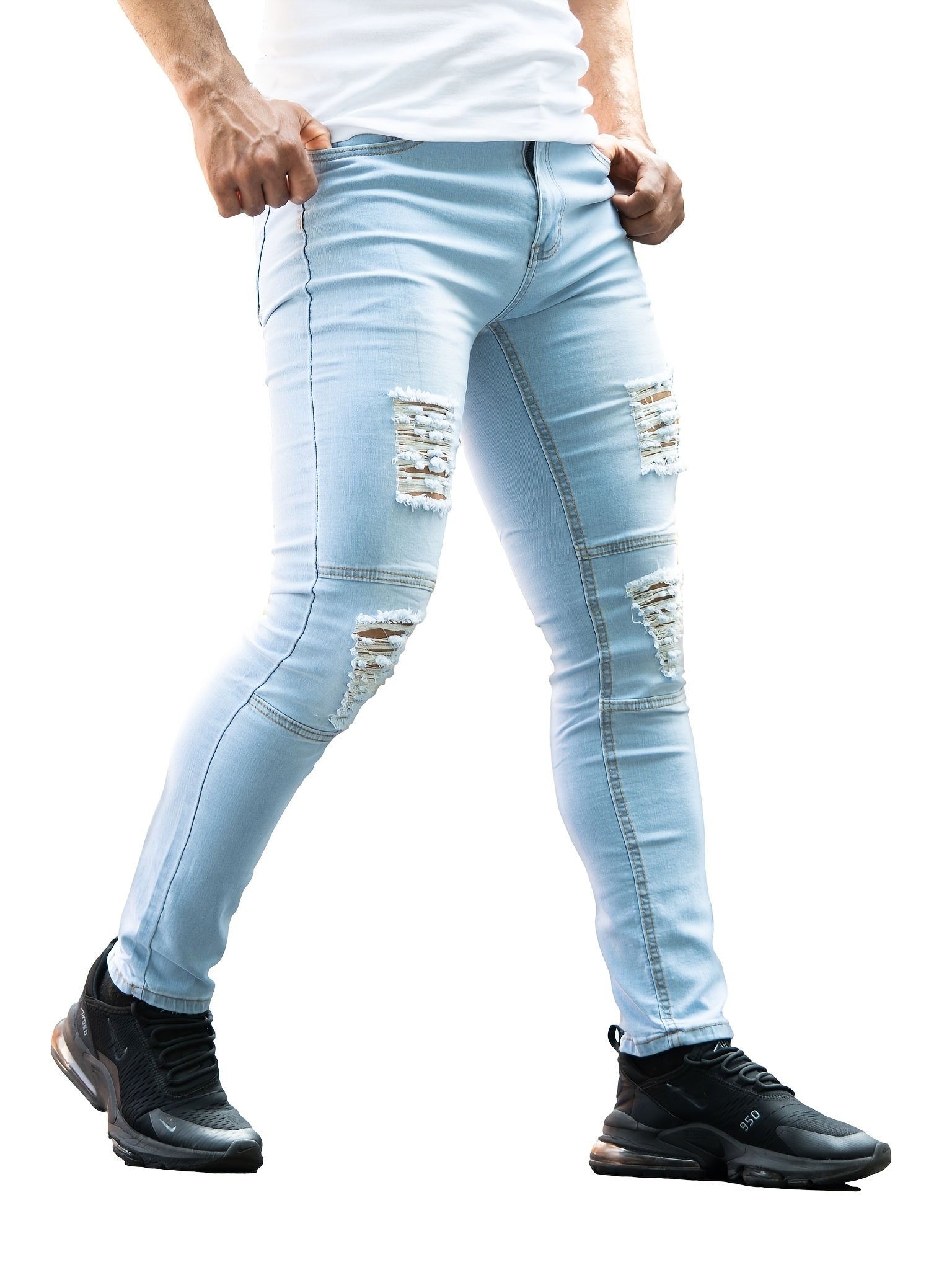 Slim Fit Ripped Jeans Men's Distressed Denim