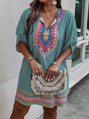 Boho Dress Women's Plus Colorblock Argyle Print Tie V Neck Mini Dress