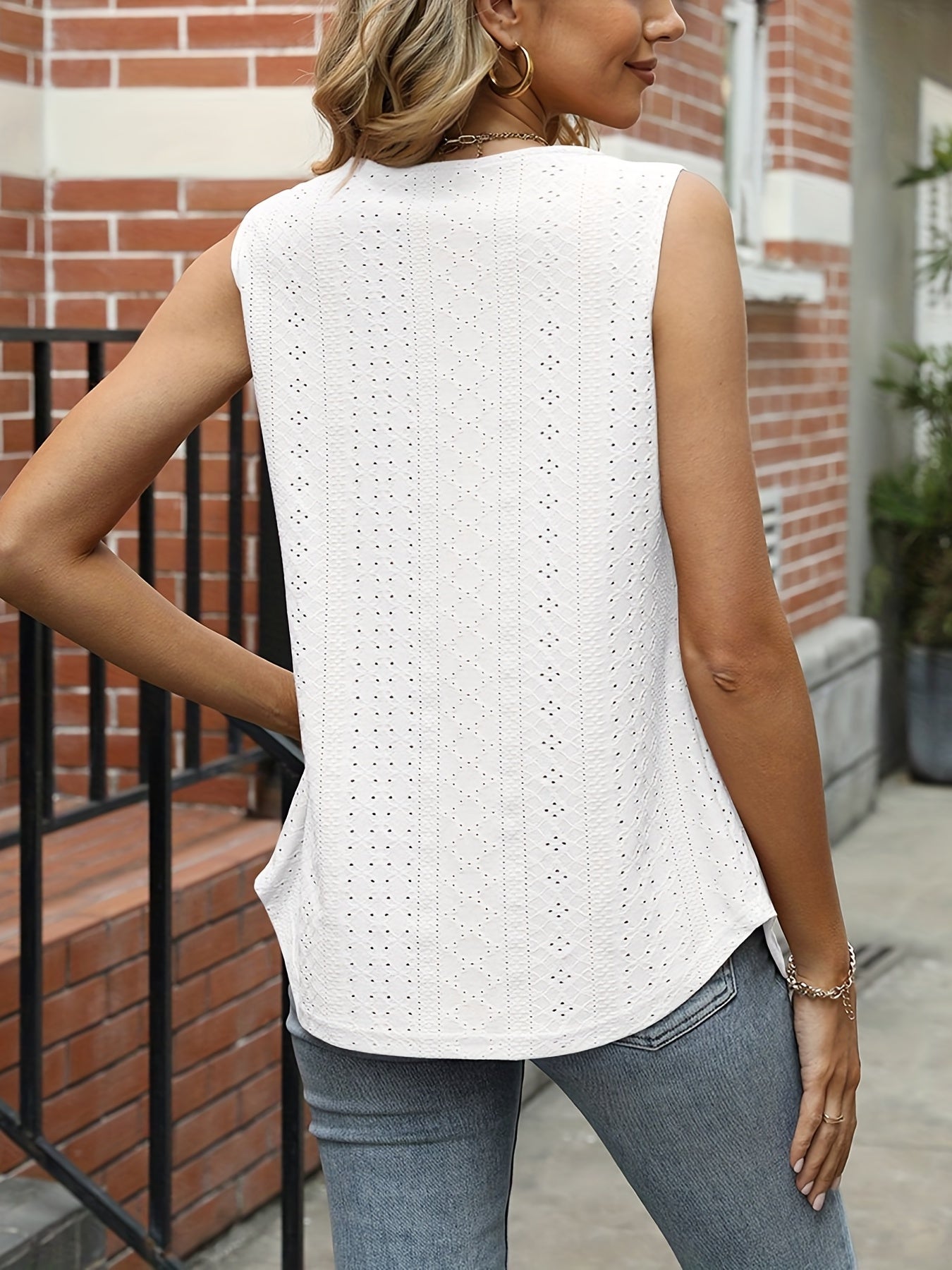 Eyelet Tank Top Square Neck Sleeveless Summer Top