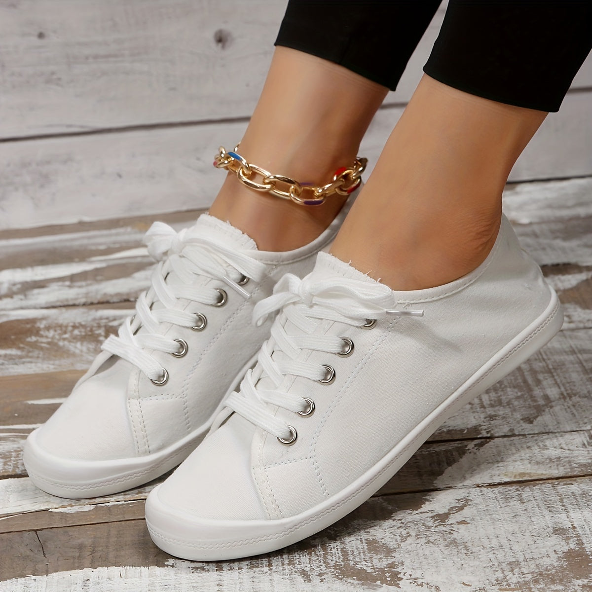 Women's Solid Canvas Shoes Casual Lace Up Flat Sneakers