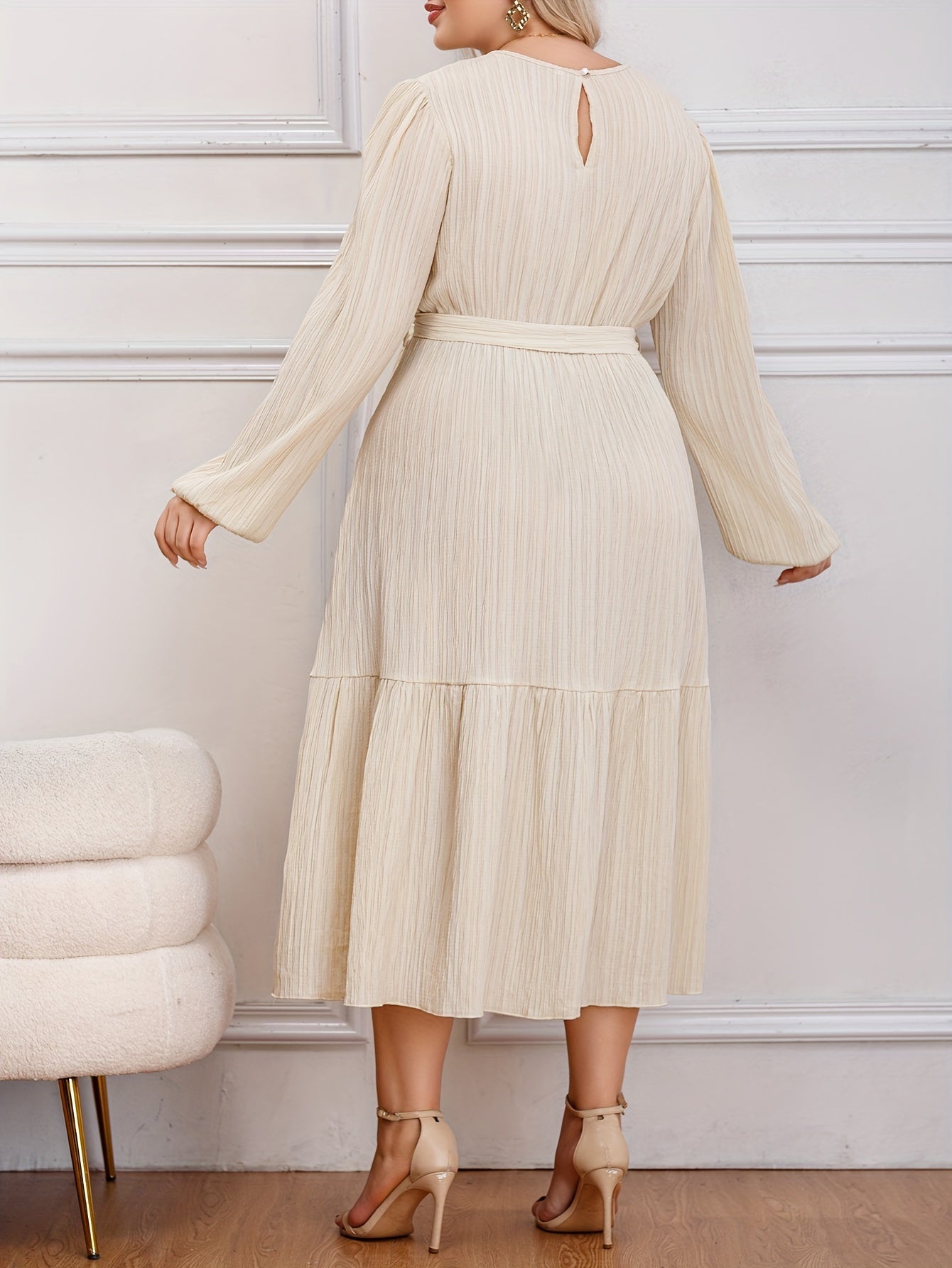 Solid Long Sleeve Midi Dress with Belt