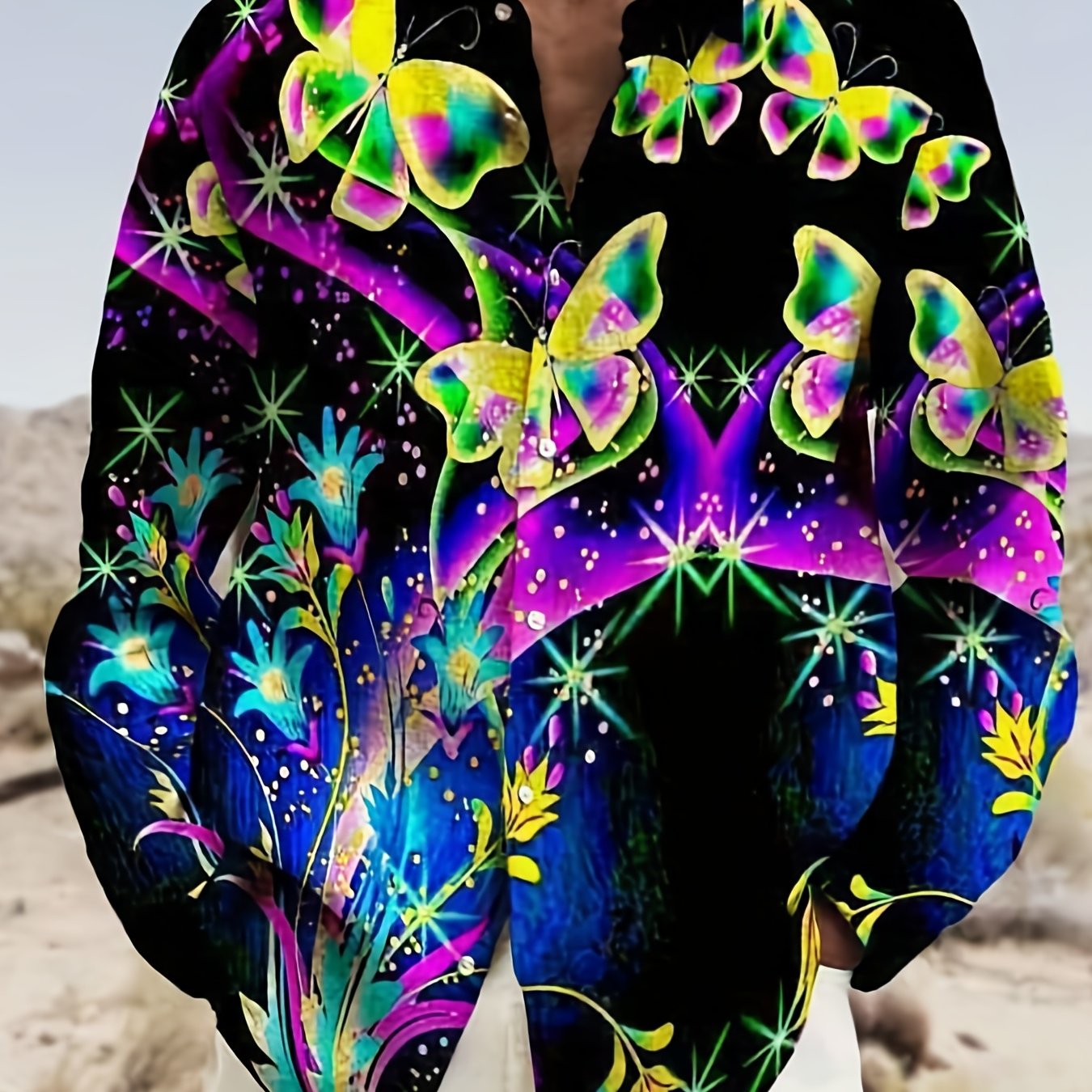 Men's Butterfly & Flower Print Casual Shirt