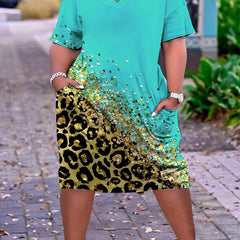 Leopard Print V-Neck Tee Dress With Pockets