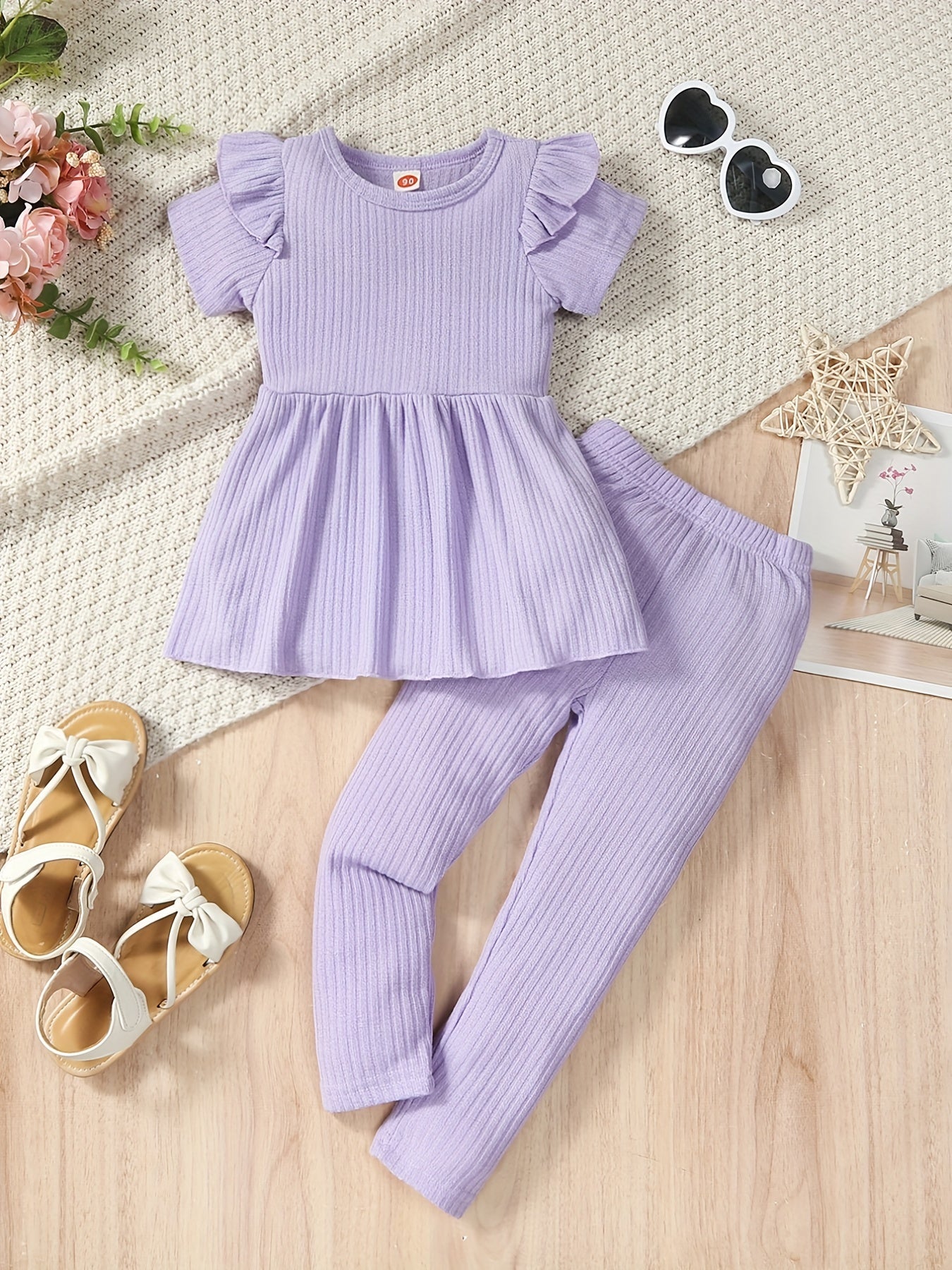 2pcs Toddler Girls Ruffle Peplum Tops & Elastic Waist Pants Set