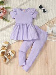 2pcs Toddler Girls Ruffle Peplum Tops & Elastic Waist Pants Set