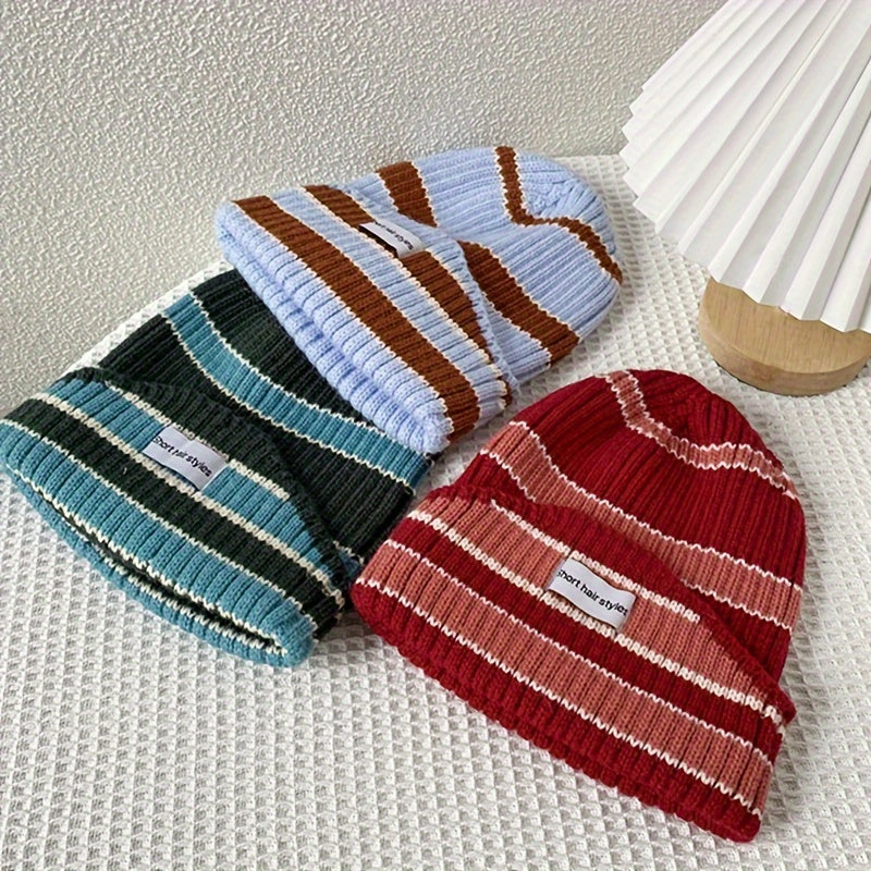 Striped Warm Knitted Beanie Hat Winter Soft Warm Ear Protection Casual Cap