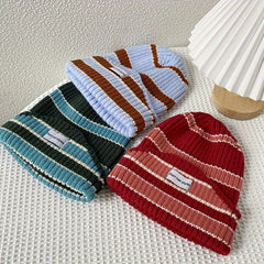 Striped Warm Knitted Beanie Hat Winter Soft Warm Ear Protection Casual Cap