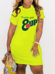 Women's Plus Glitter Letter Print Short Sleeve Round Neck High Stretch Dress