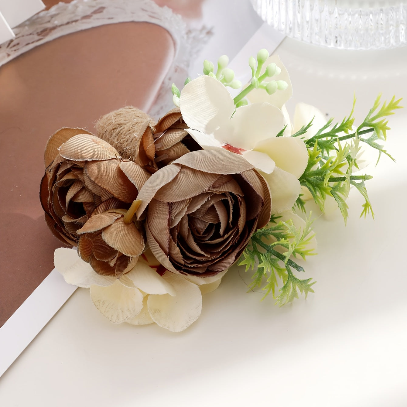Rustic Rose Boutonniere with Twine Tie Romantic Corsage for Groom Wedding