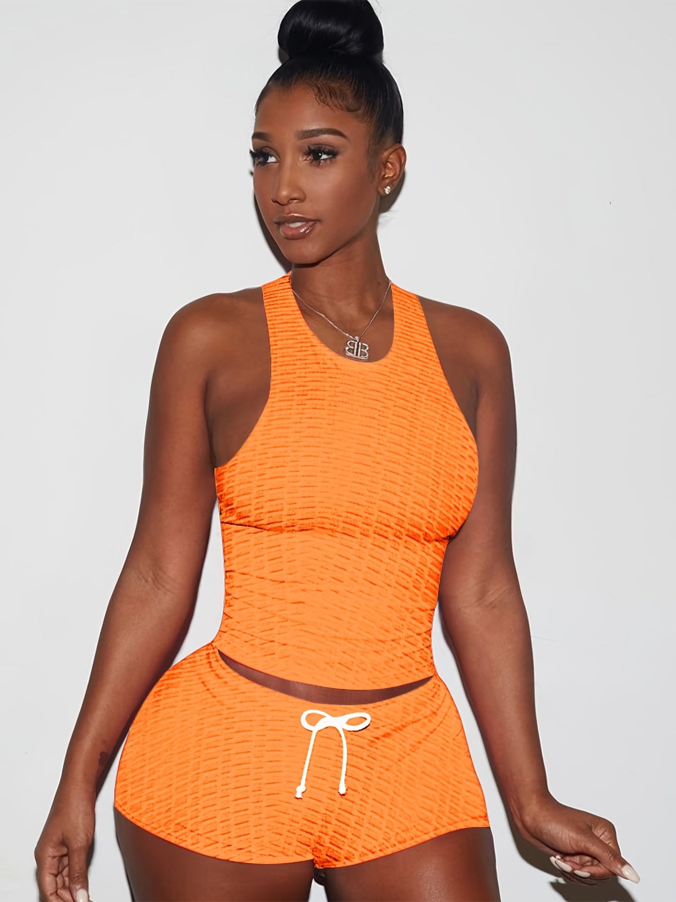 Plus Size Honeycomb Tank Top & Shorts Sports Outfits Set
