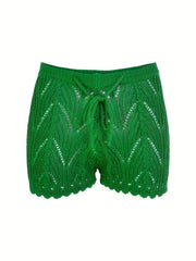Solid Eyelet Drawstring Shorts Vacation Elastic Waist Shorts