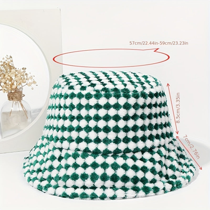 Green Plaid Plush Bucket Hat for Women & Men