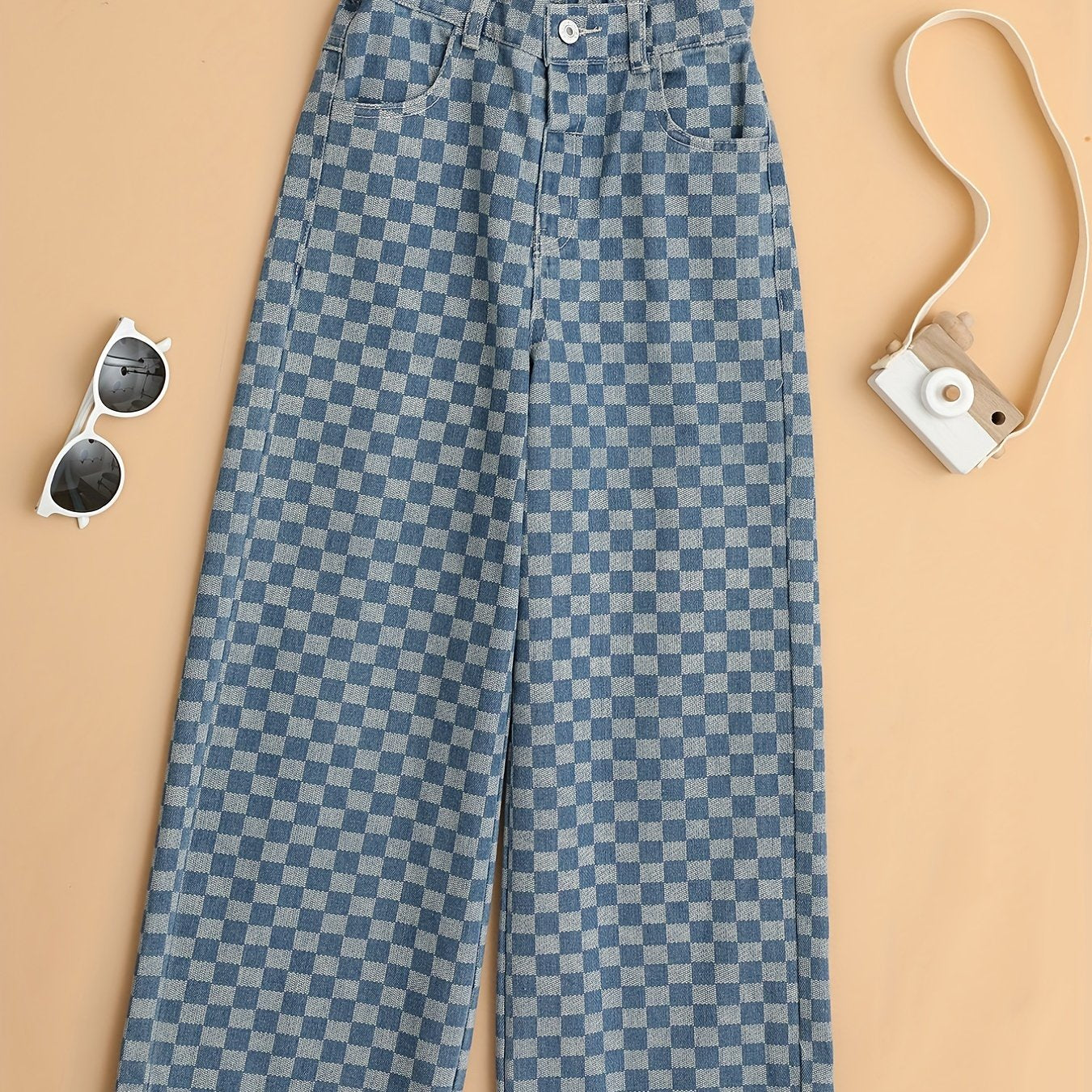 Kid Girls Plaid Elastic High Waist Jeans Straight Wide Leg Loose Denim Pants