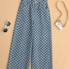 Kid Girls Plaid Elastic High Waist Jeans Straight Wide Leg Loose Denim Pants
