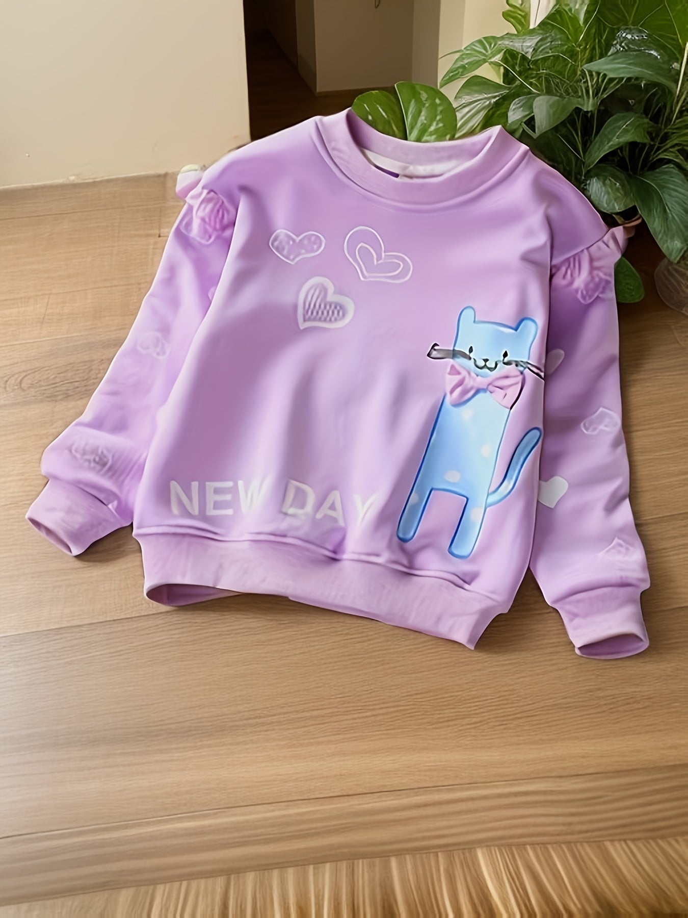 Girls Cat & Heart Print Cotton Pullover Sweatshirt