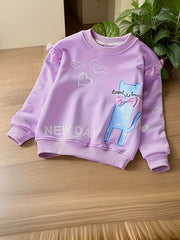 Girls Cat & Heart Print Cotton Pullover Sweatshirt