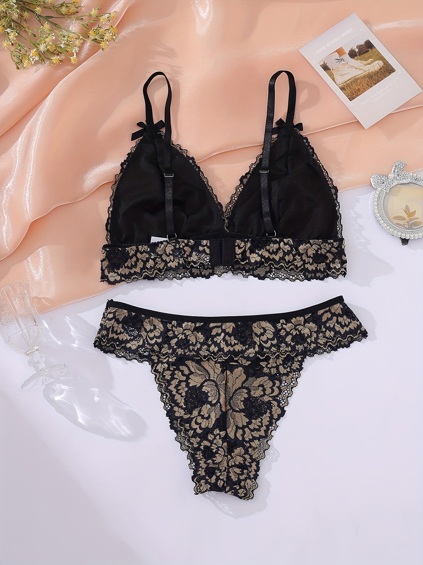 Floral Lace Lingerie Set with Bow Tie Bra & Panties