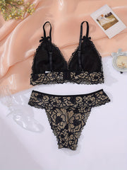 Floral Lace Lingerie Set with Bow Tie Bra & Panties