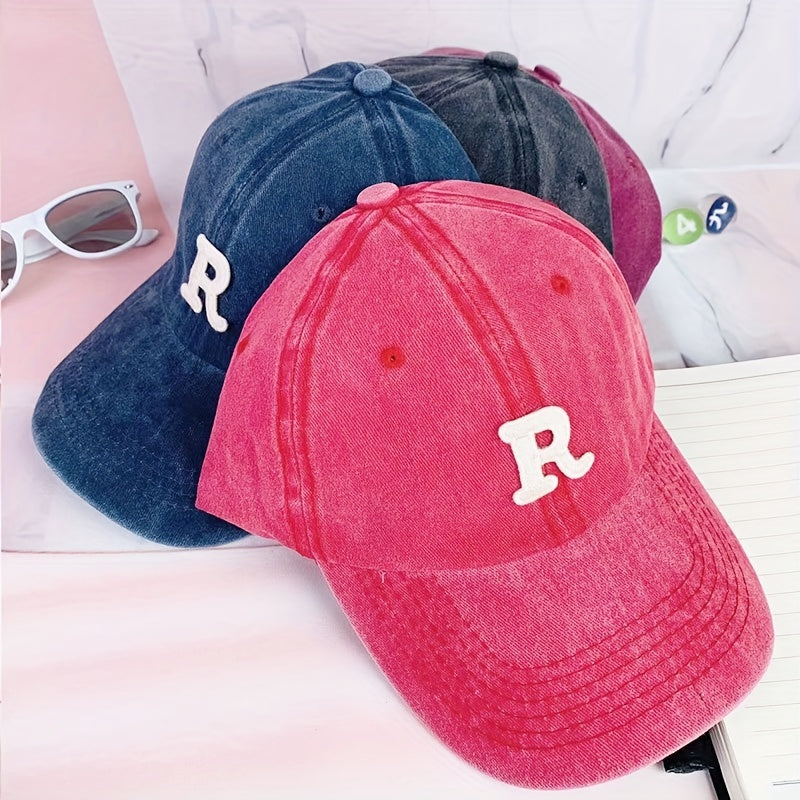 R Shaped Washed Baseball Cap Sun Hat for Men and Women