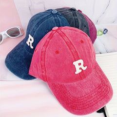 R Shaped Washed Baseball Cap Sun Hat for Men and Women