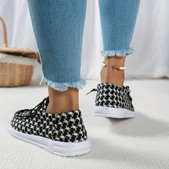 Women's Houndstooth Boat Shoes Lightweight Lace Up Flat Slip On Casual Sneakers
