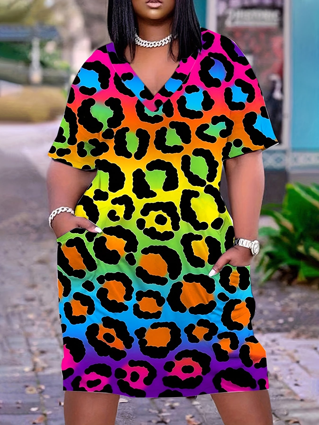Leopard Print V-Neck Dress With Pockets