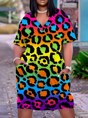 Leopard Print V-Neck Dress With Pockets