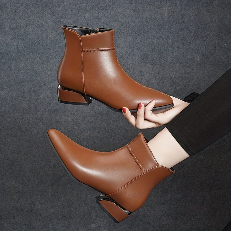 Women's Chunky Heel Short Boots Pointed Toe Side Zip Solid Booties