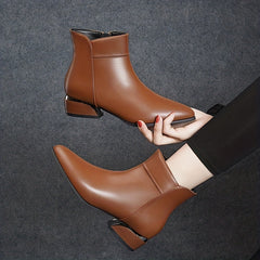 Women's Chunky Heel Short Boots Pointed Toe Side Zip Solid Booties
