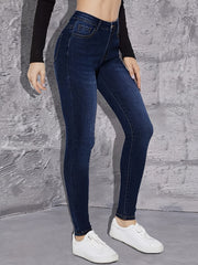 High Rise Dark Skinny Jeans High Waist Plain Stretchy Tight Fit Denim Pants