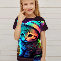 3D Dreamy Kitty Graphic Short Sleeve T-shirt For Girls